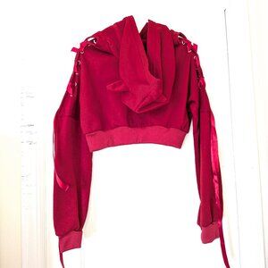Cat Ears Hoodie, Cropped, Dark Red, Lace Up Cold Shoulders